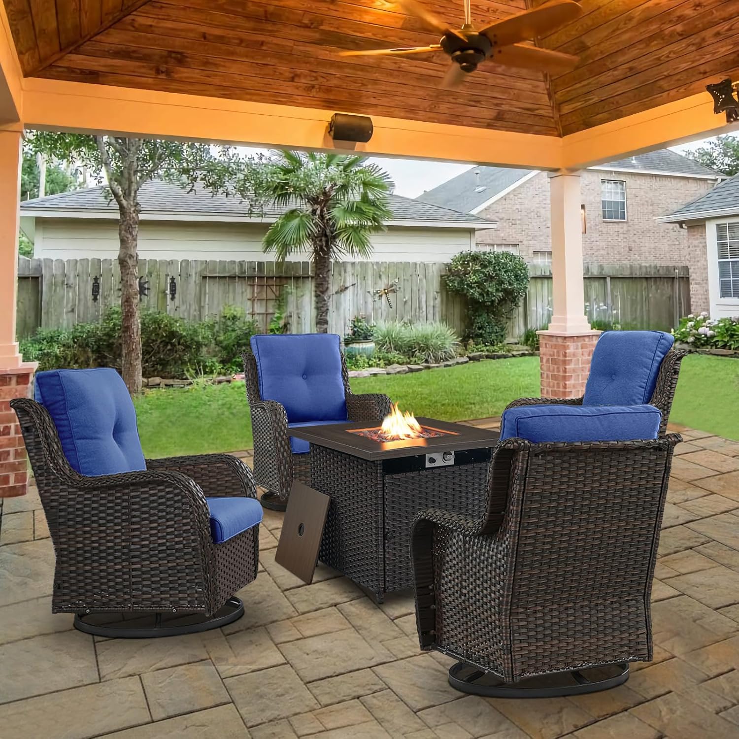 5 Piece Patio Wicker Furniture Set with Swivel Rocker Chairs