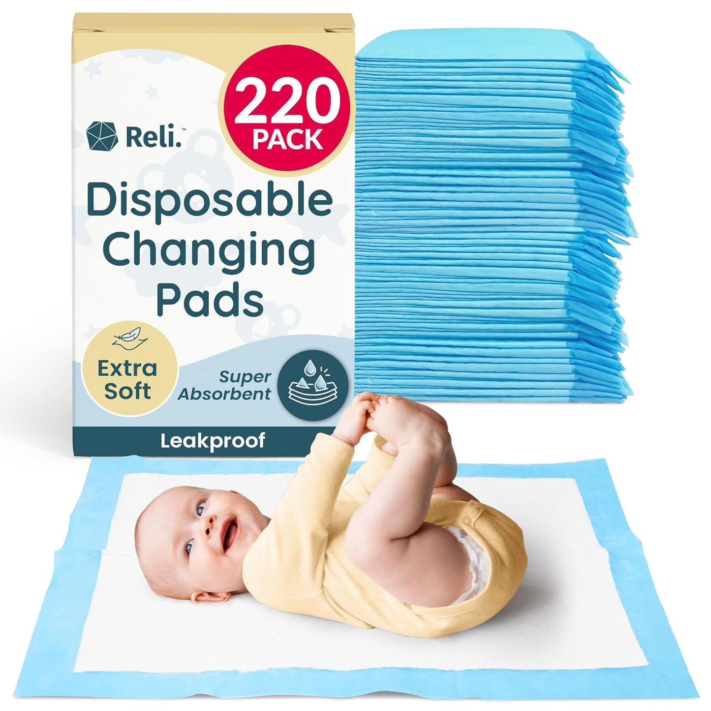 Reli Disposable Changing Pads for Baby - Super Absorbent 220 Pack
