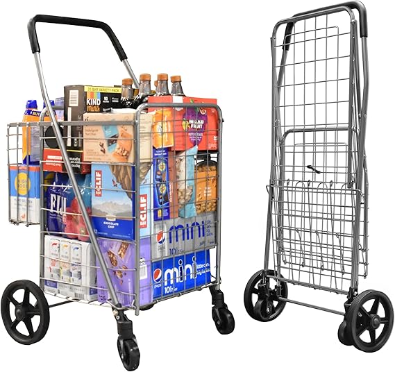 Folding Shopping Cart with Swivel Wheels and Double Basket S-2081