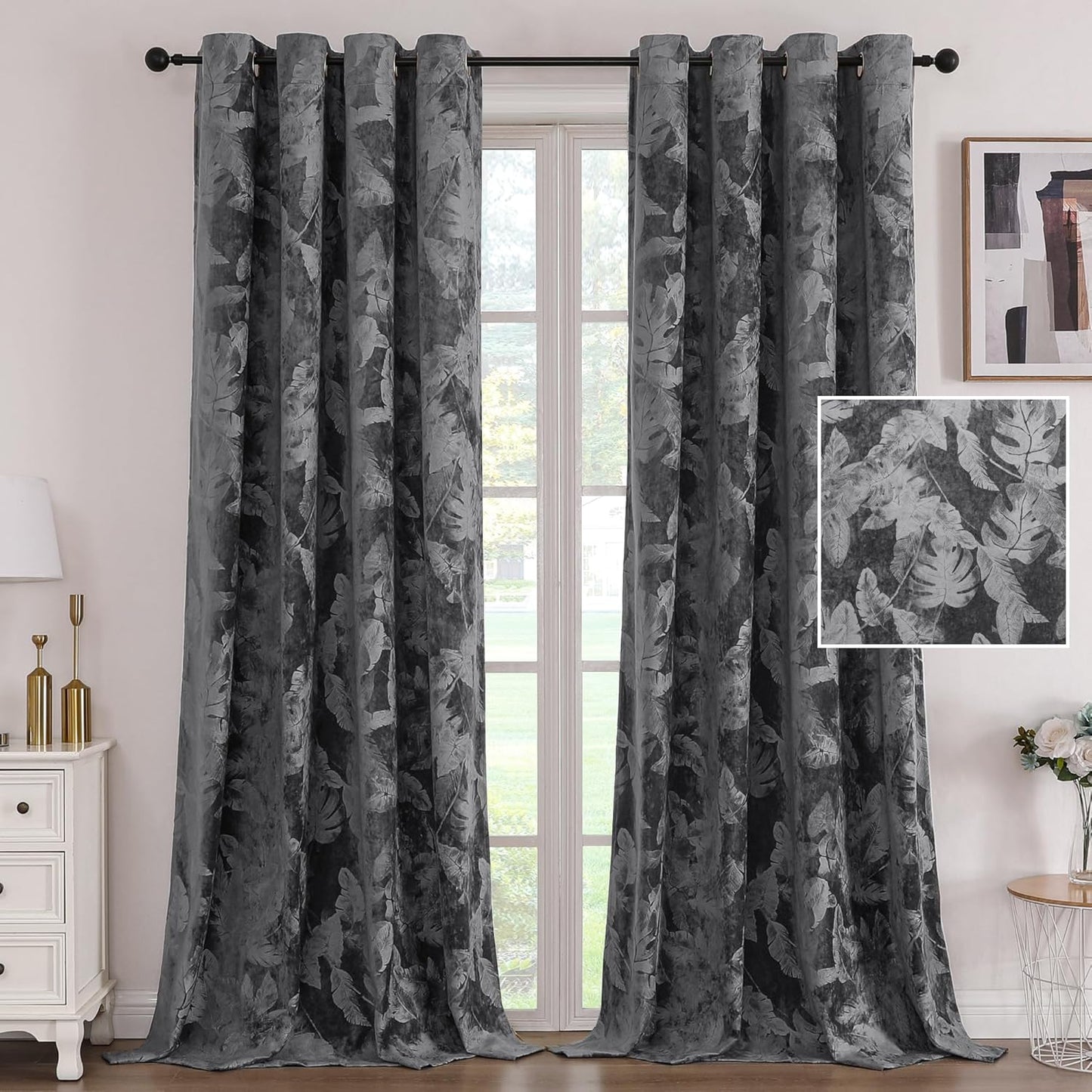 Embossed Floral Velvet Curtains, Room Darkening, 96 Long - Set of 2, Dark Gray