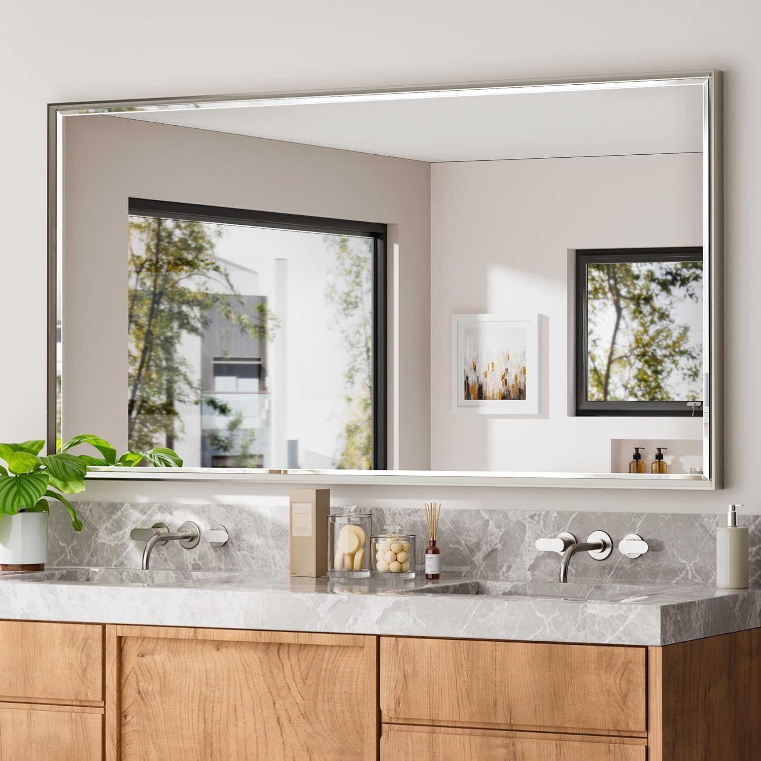 72 x 36 Brushed Nickel Bathroom Mirror with Beveled Frame
