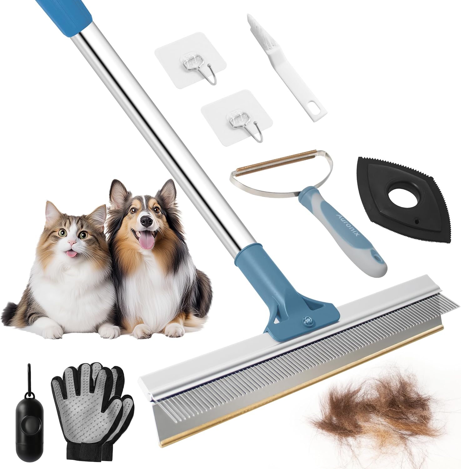7 in 1 Carpet Rake for Pet Hair Removal with Adjustable Broom