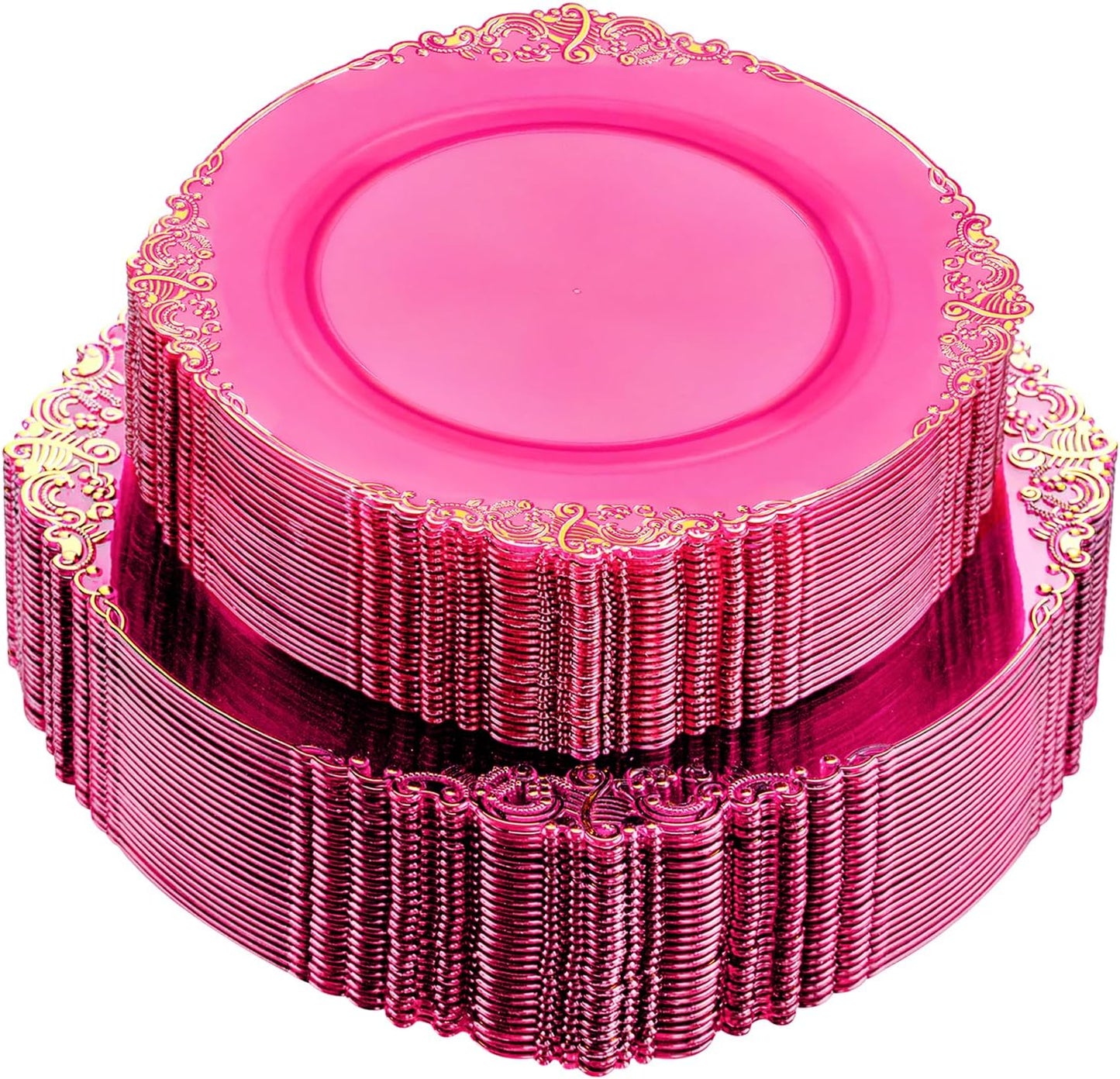 102PCS Hot Pink Plastic Plates with Gold Rim for Elegant Events