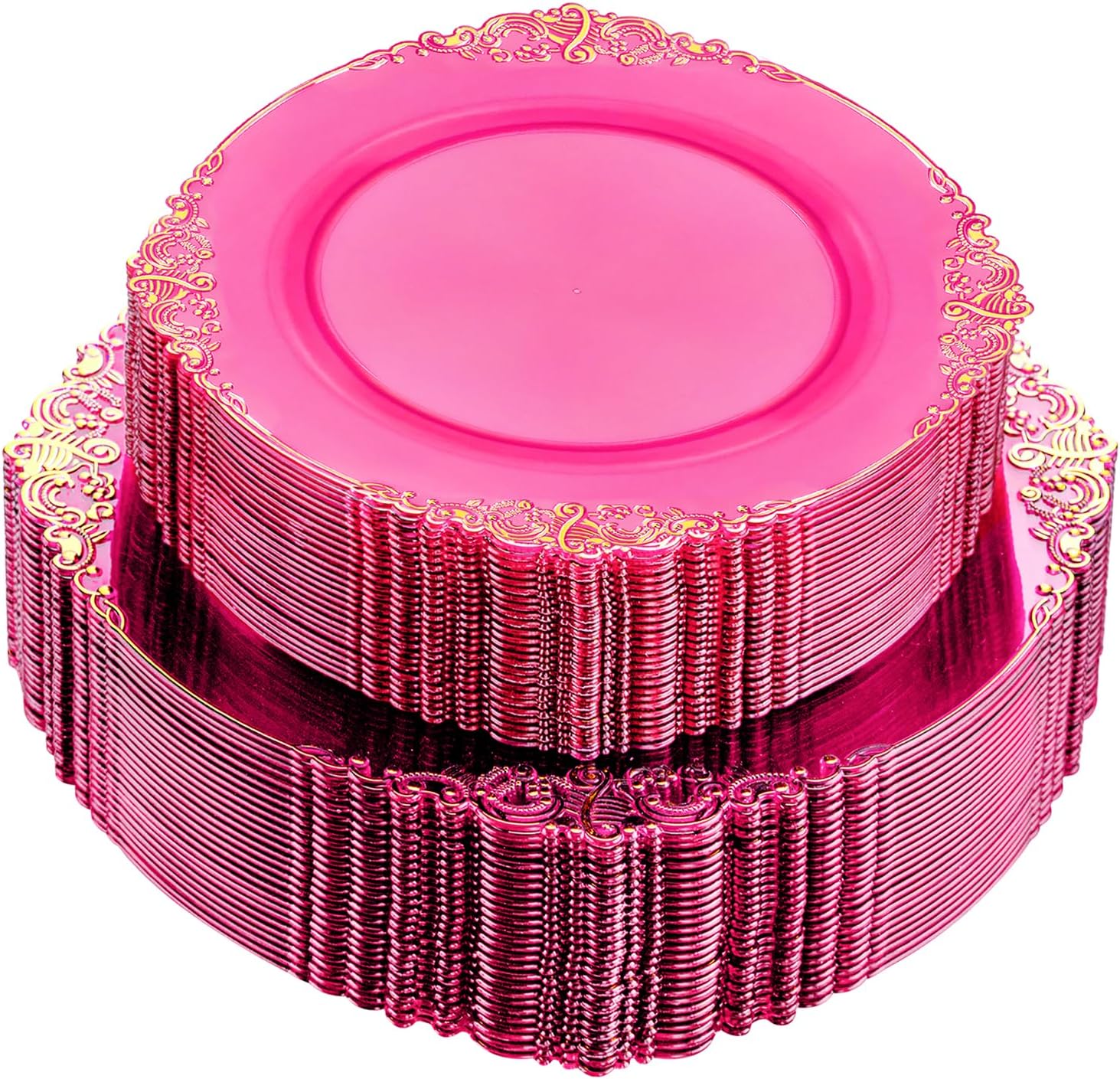 102PCS Hot Pink Plastic Plates with Gold Rim for Elegant Events