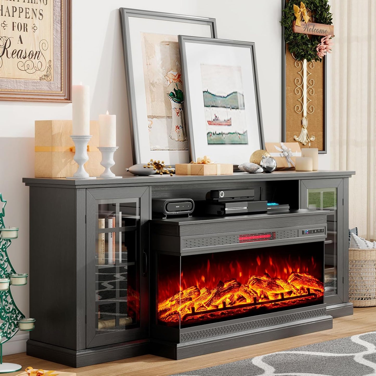 Farmhouse Glass Doors TV Stand: 75 Electric Fireplace Console