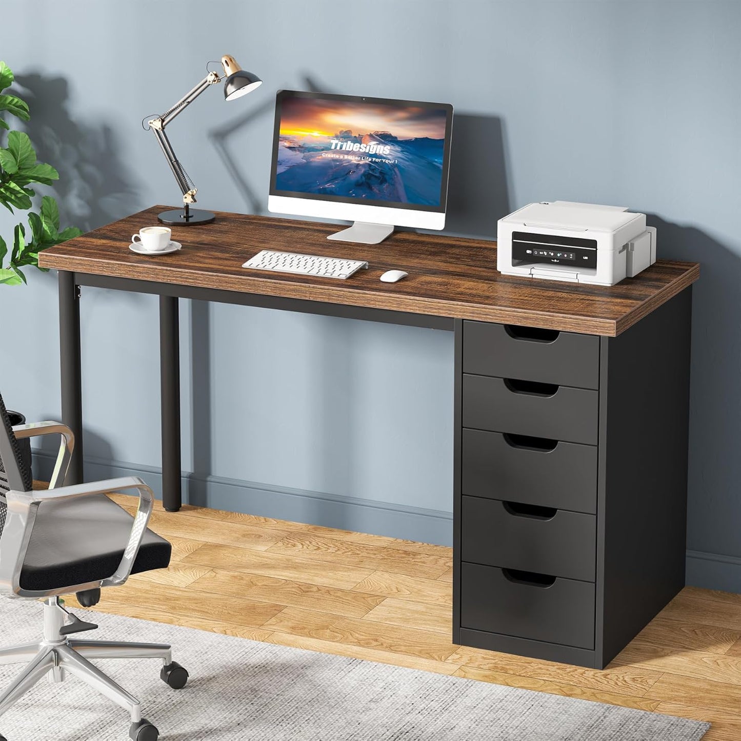 Tribesigns 47 Rustic Brown Desk - 5 Drawers for Office Storage