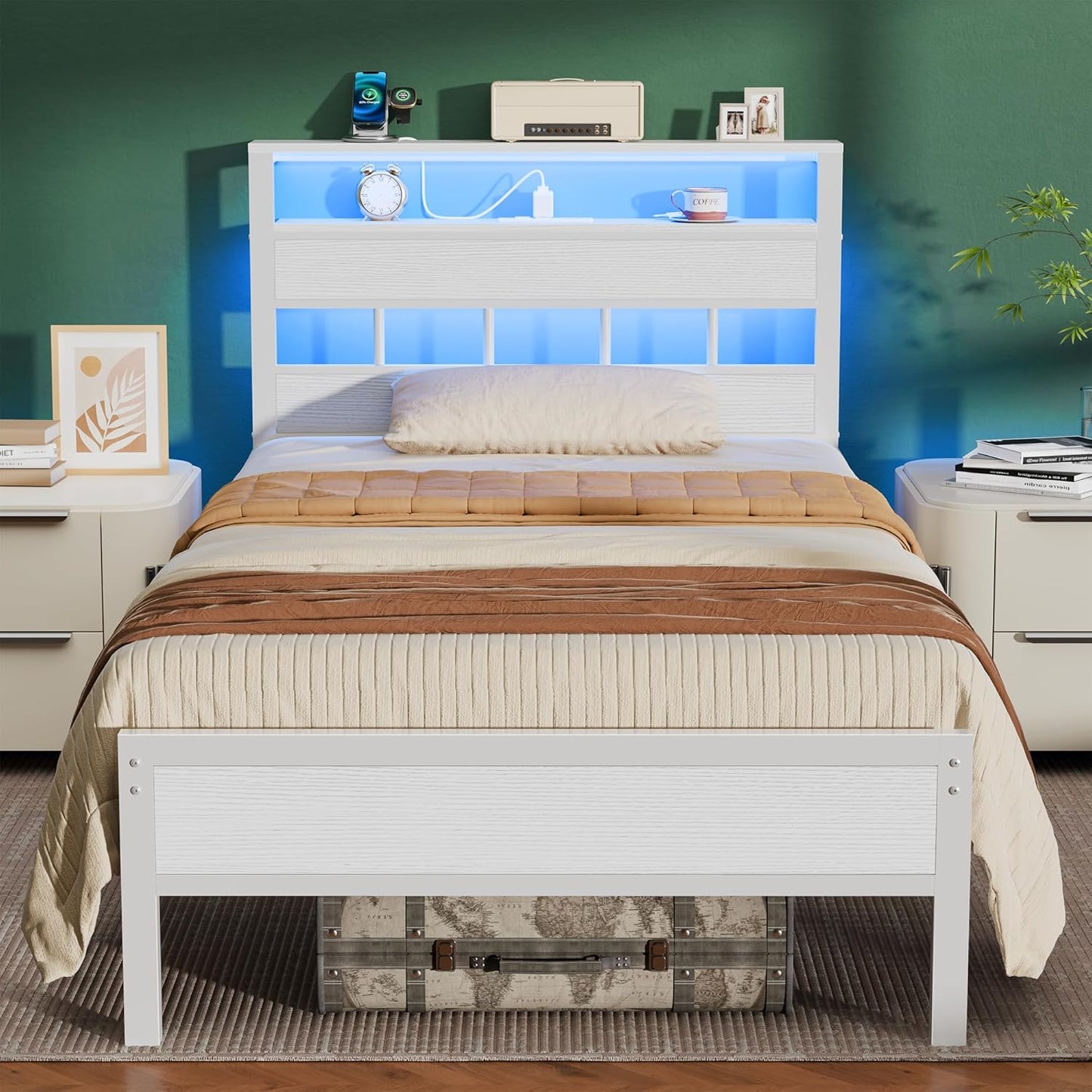 Furnulem Twin Bed Frame with LED Lights and Charging Station