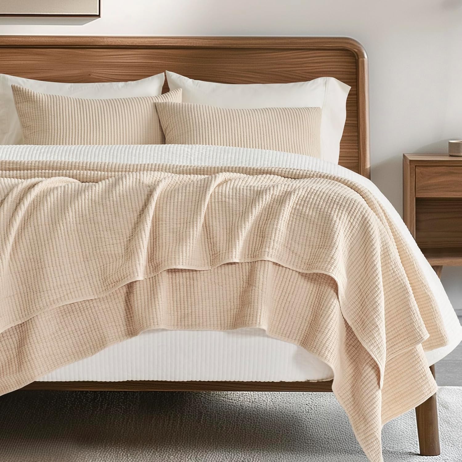 Cotton Coverlet Set King Size for All Seasons in Warm Beige