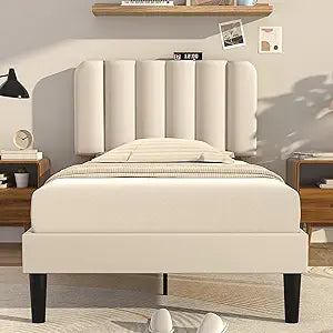 VECELO Twin Size Upholstered Bed Frame with Adjustable Headboard
