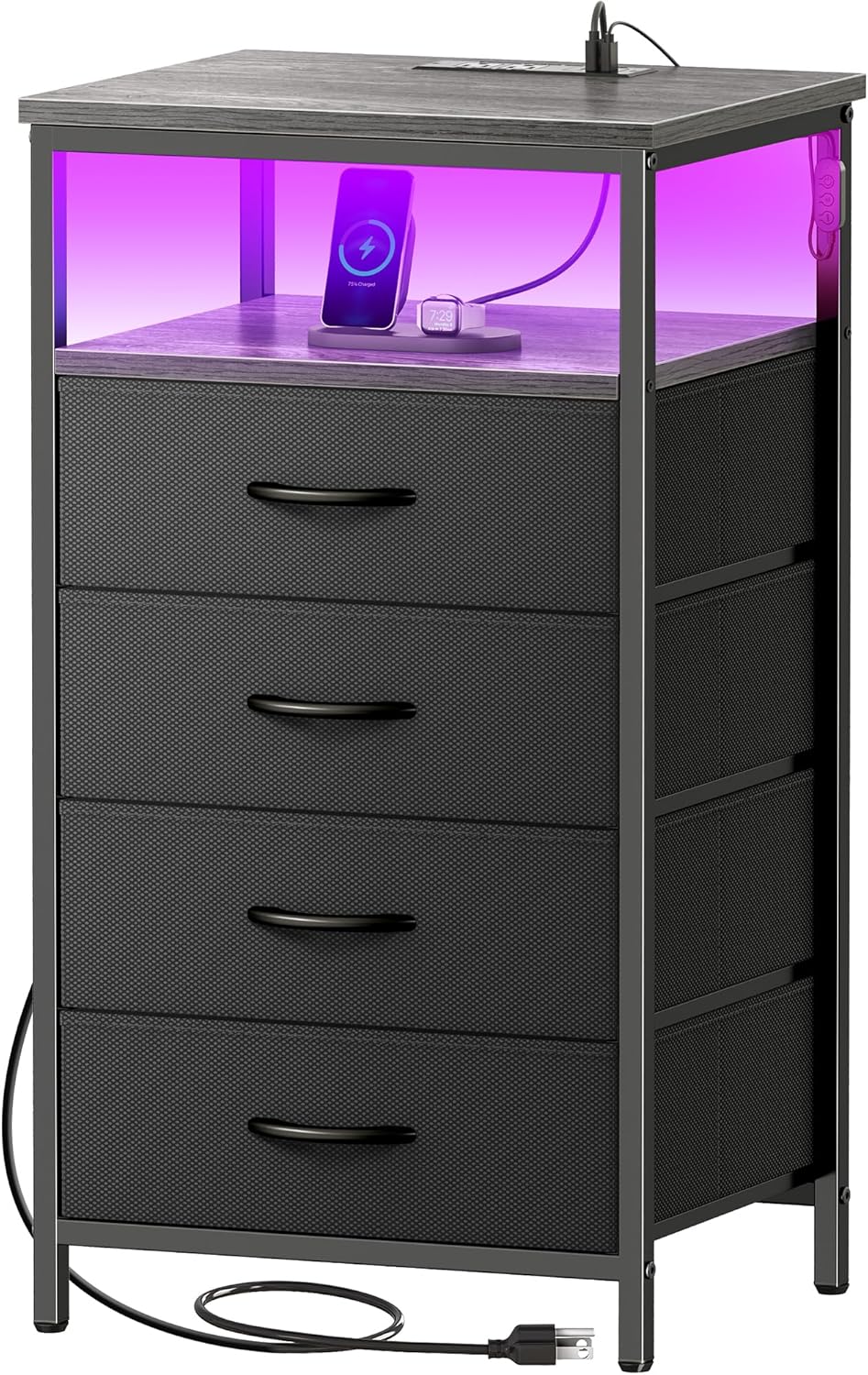 Huuger Night Stand with Charger Station and LED Lights for Bedroom