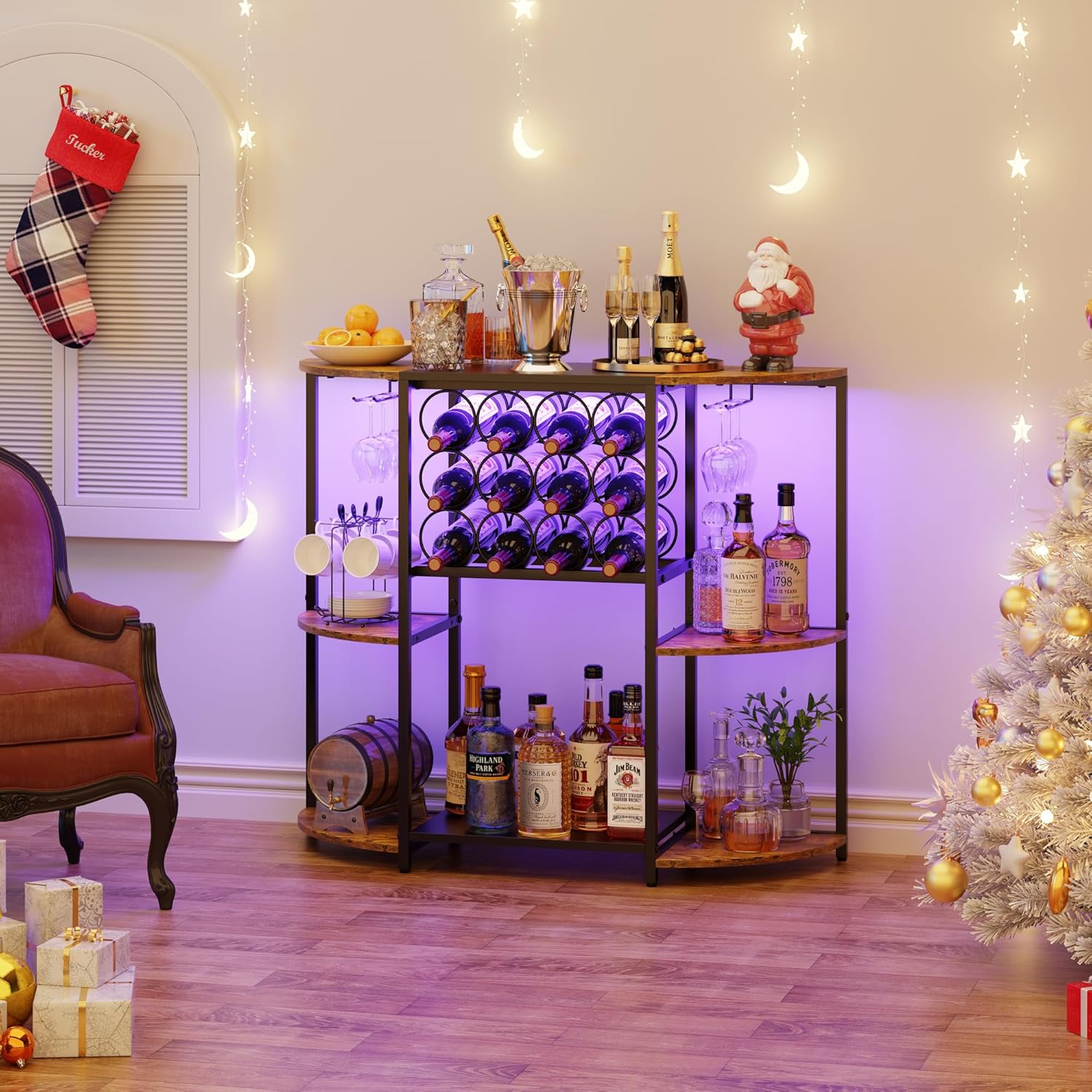 JKsmart Wine Bar Cabinet with LED Lights for Home and Kitchen