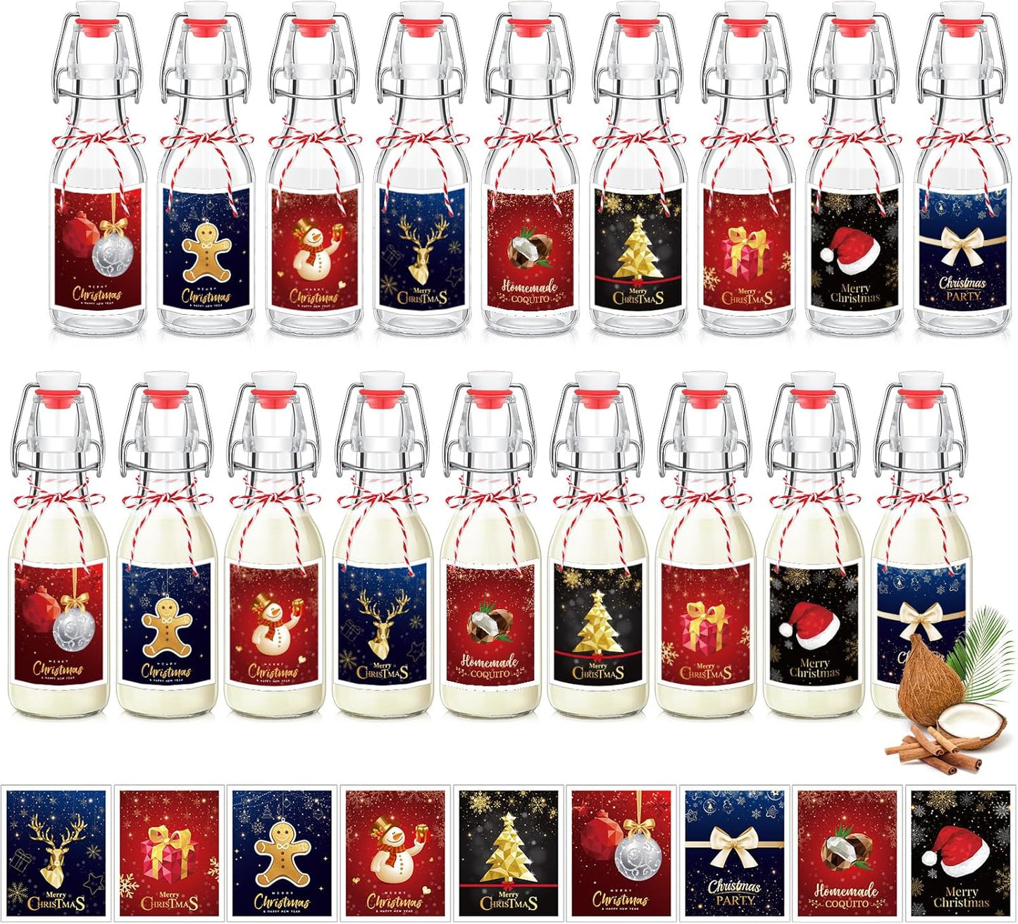 Havawish 16 Pcs Merry Christmas Coquito Glass Bottles