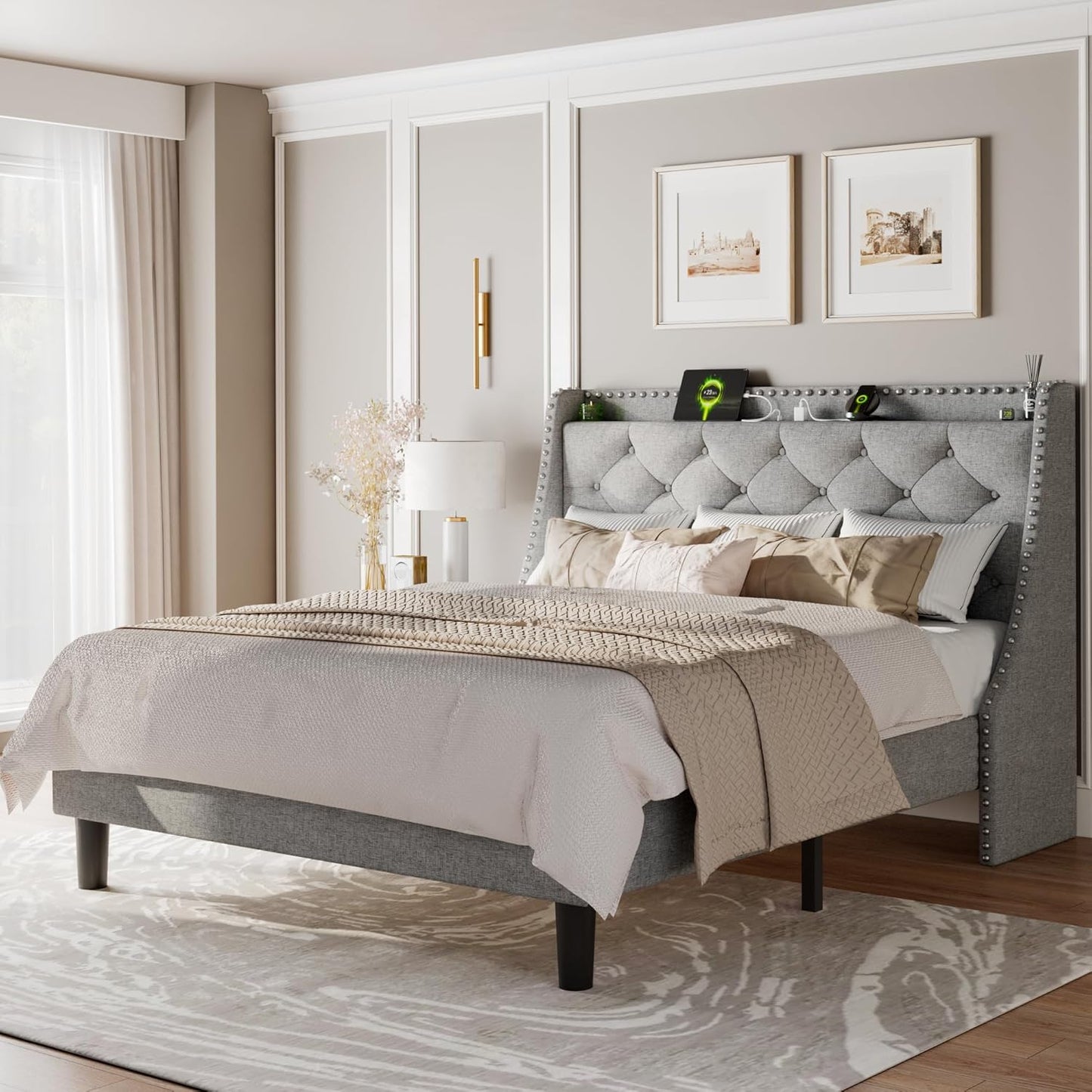 Feonase Full Size Bed Frame with Wingback and Charging Station