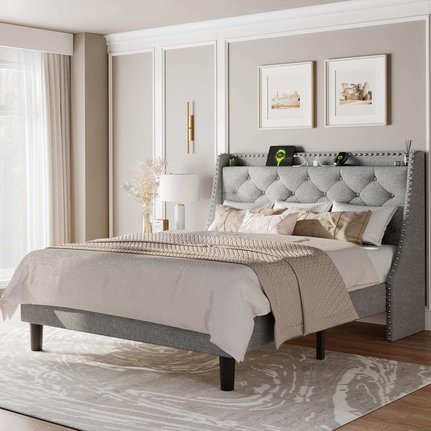 Feonase Full Size Bed Frame with Wingback and Charging Station