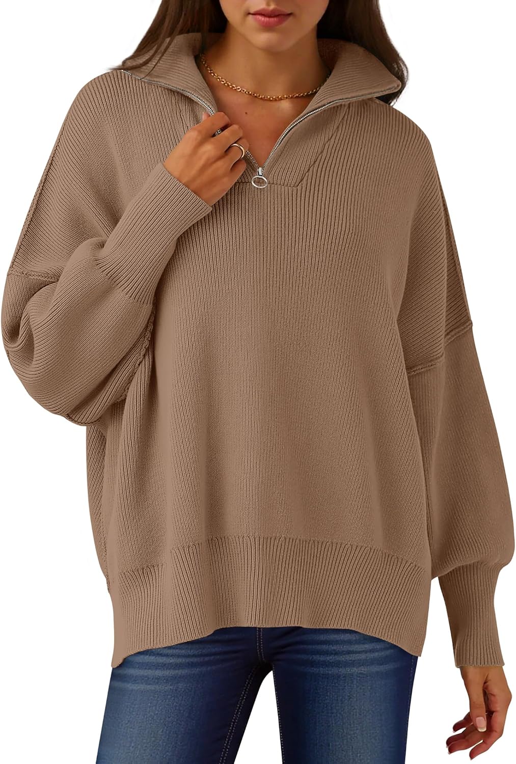 Oversized Fashion Long Sleeve Quarter Zip Sweater for Women