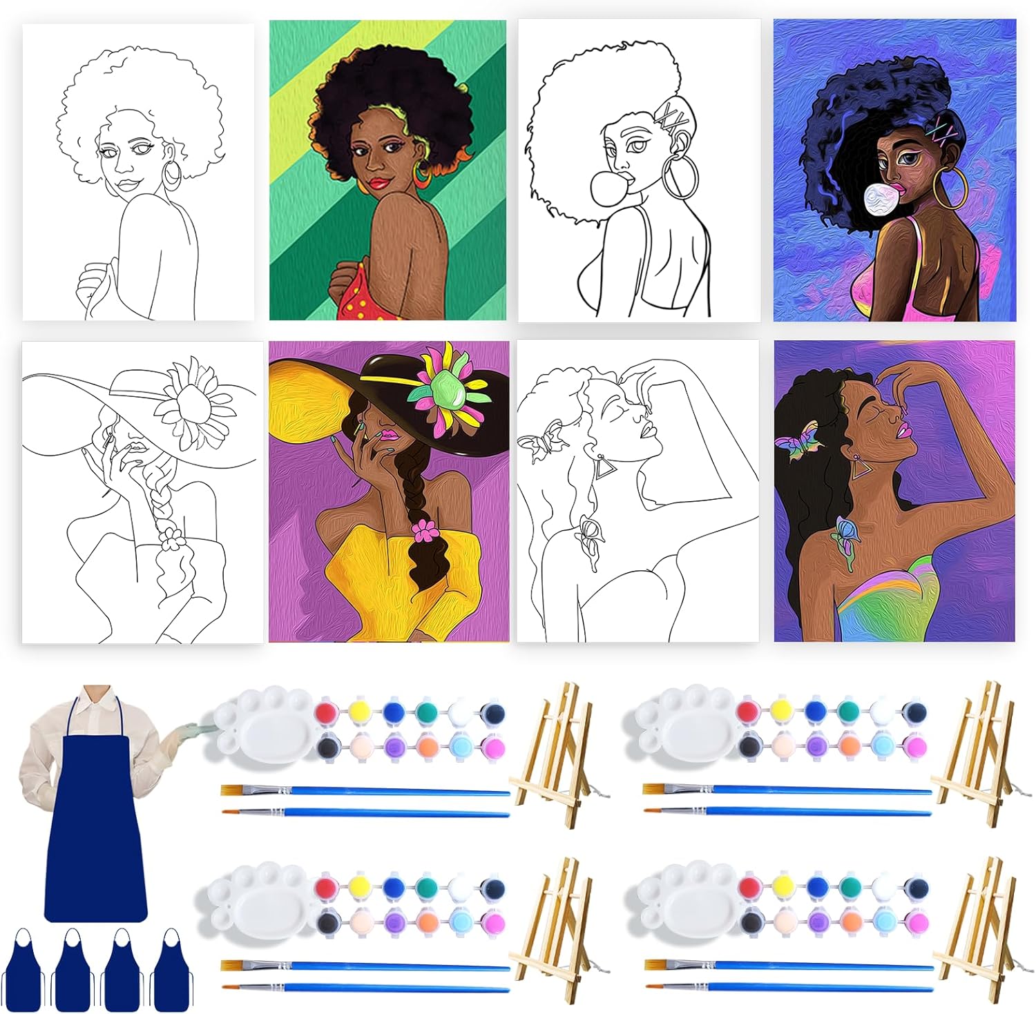 4 Sets Afro Girl Paint and Sip Kit for Adults with Easel