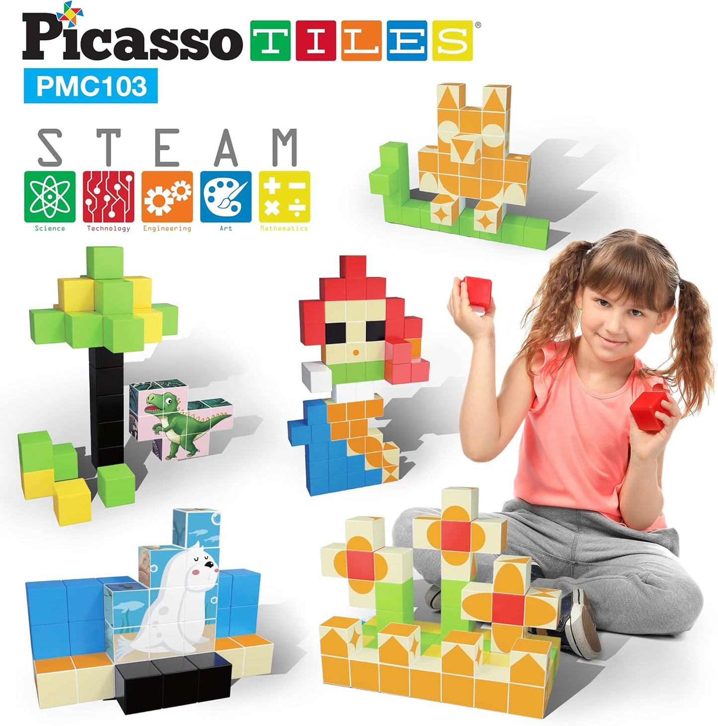 PicassoTiles 103 Pieces Magnetic Building Block Cubes for Kids