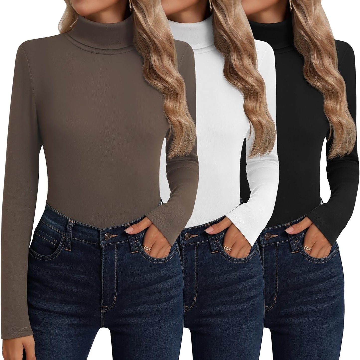 Neer 3 Pack Cotton Women's Turtleneck Long Sleeve Tops