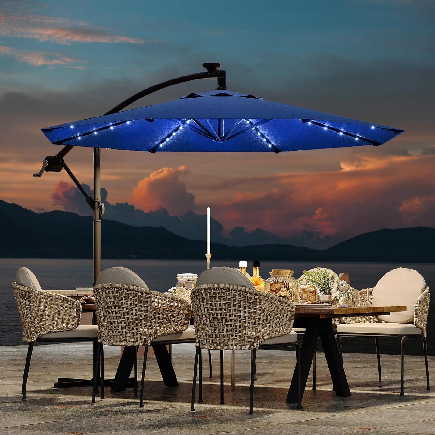 10FT Cantilever Umbrella with Solar Lights for Outdoor Use
