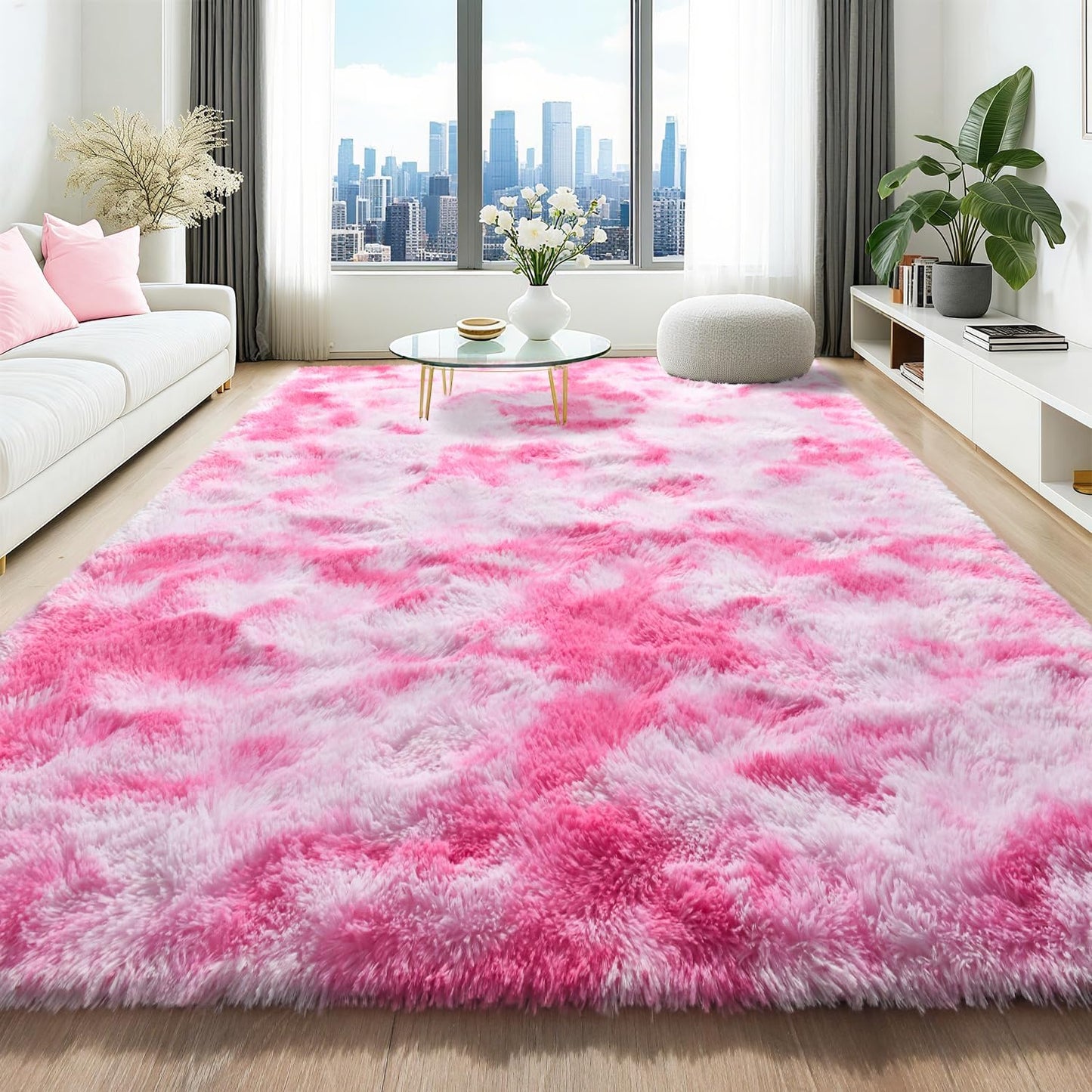HQAYW 6x9 Fluffy Pink White Area Rugs for Living Room Bedroom