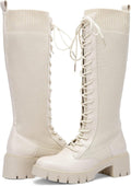 Knee High Combat Boots for Women - Chunky 2in Heel Knee-High Lace Up