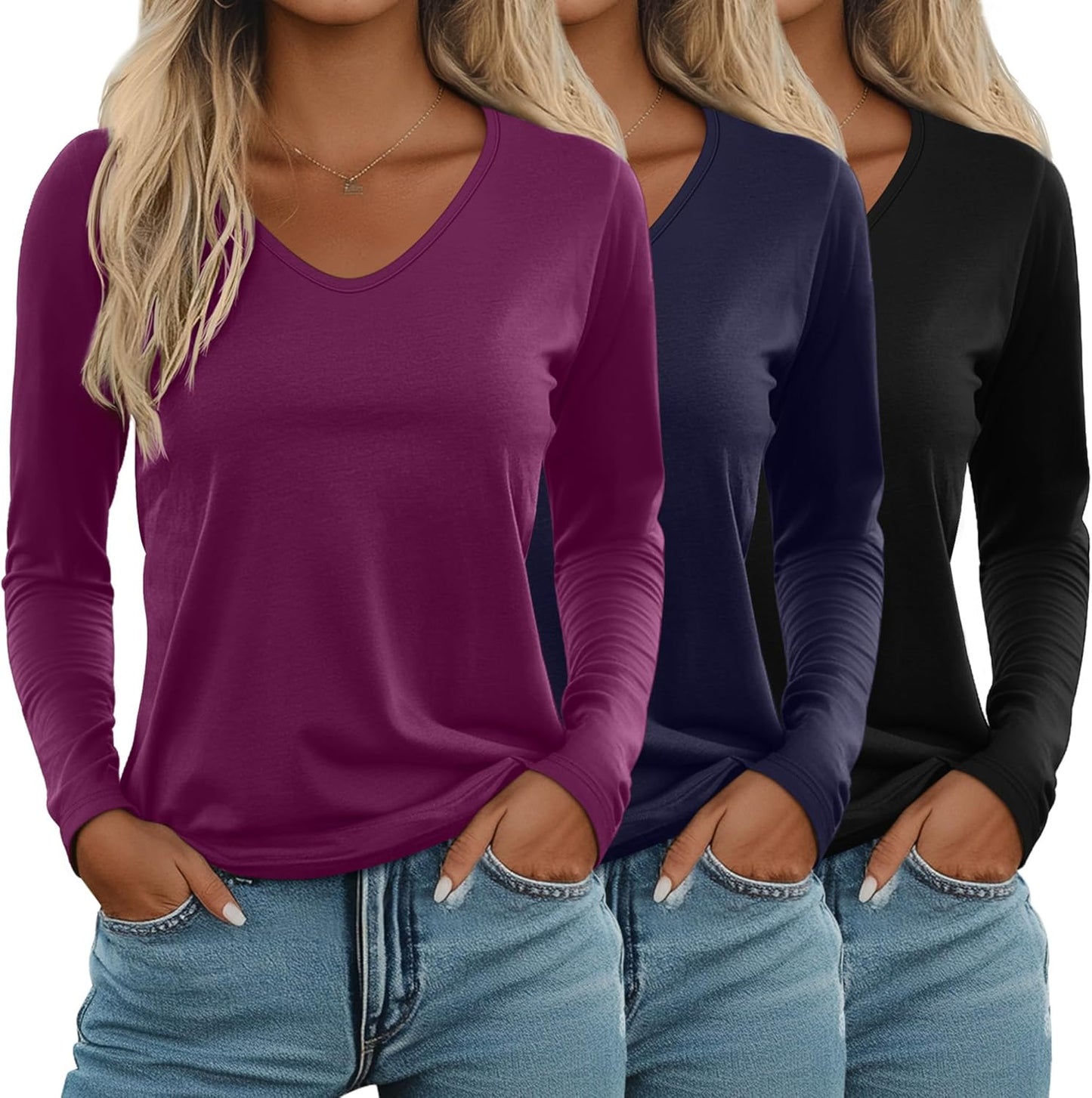 Ficerd Women's Long Sleeve V Neck T Shirts - Casual Trendy Tops