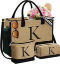YOOLIFE Initial Jute Tote Bag with 2 Makeup Bags - Personalized Gift