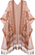 Women's Burnout Velvet Kimono Long Cardigan Cover Up - Tassel Detail