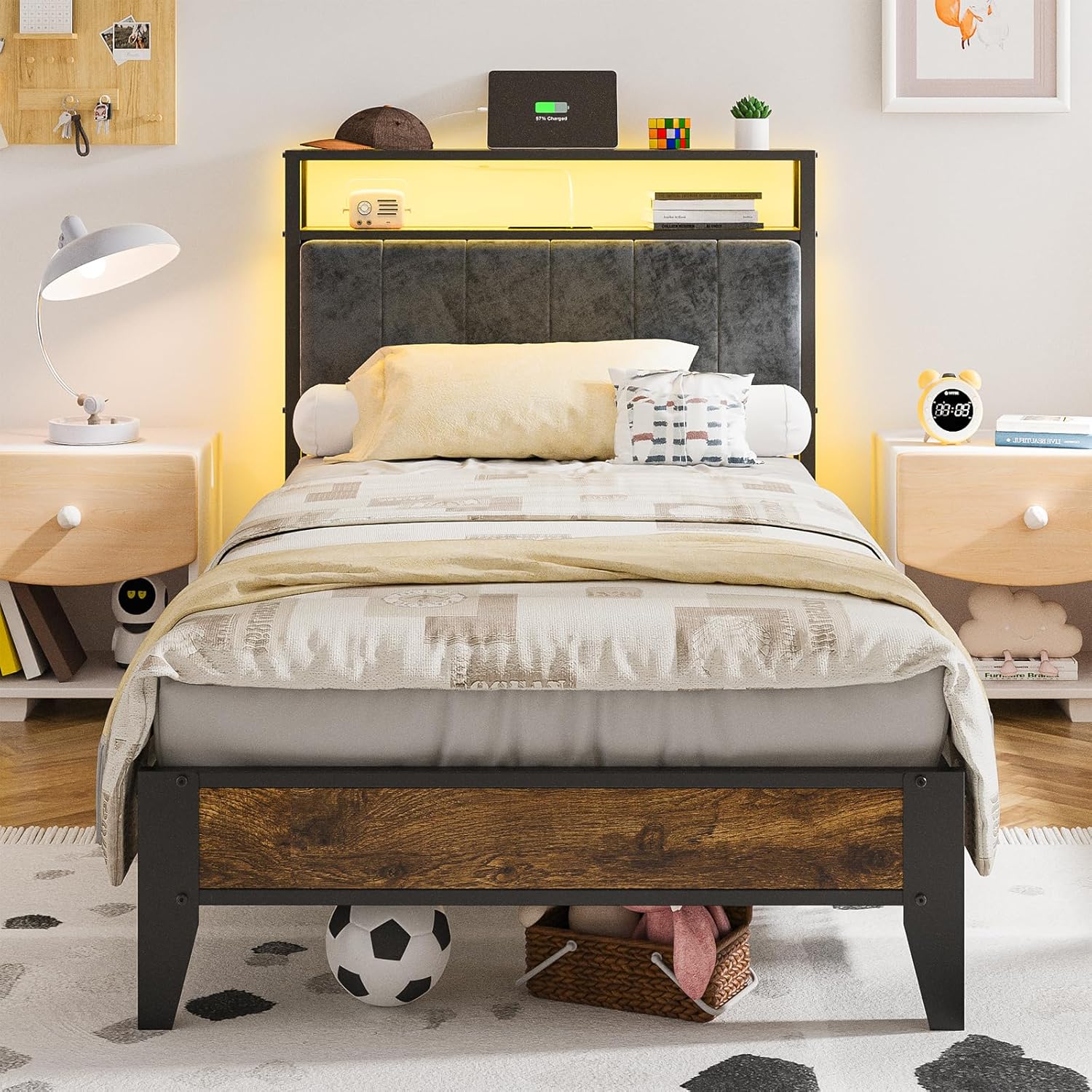 OLEVS Twin Bed Frame with LED Light and Storage Headboard
