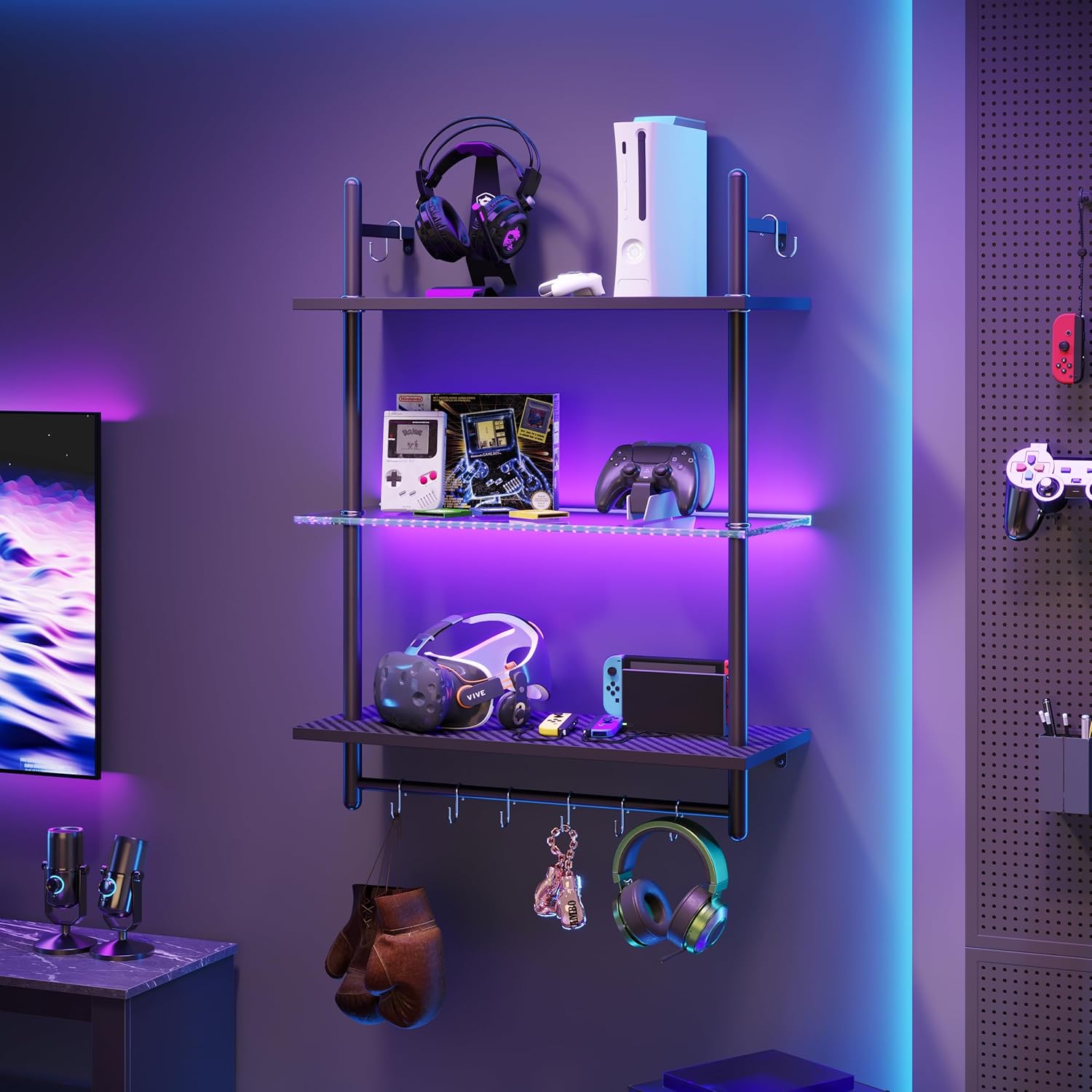 Bestier Gaming Floating Shelves with LED Lights and Hooks