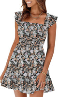 Prinbara Womens Summer Casual Square Neck Smocked Short Sundress has