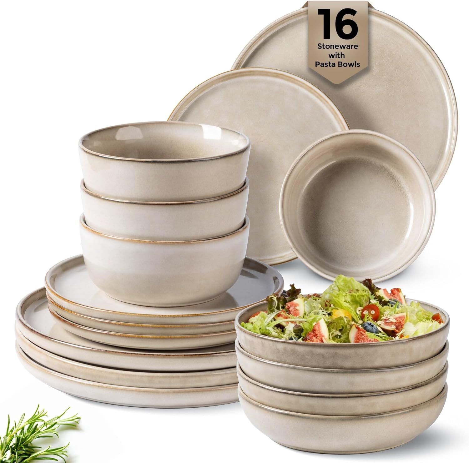 GBHOME 16 Pieces Double Bowls Ceramic Dinnerware Set for 4