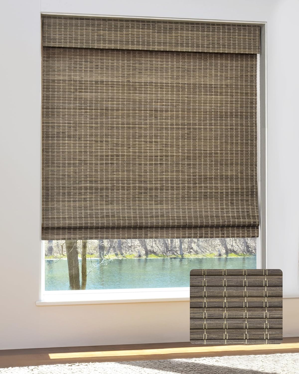 Cordless Bamboo Roman Shades for Windows - Driftwood Color