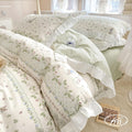Girls Flower Comforter Set Green Leaves with Cute Rabbit - Romantic
