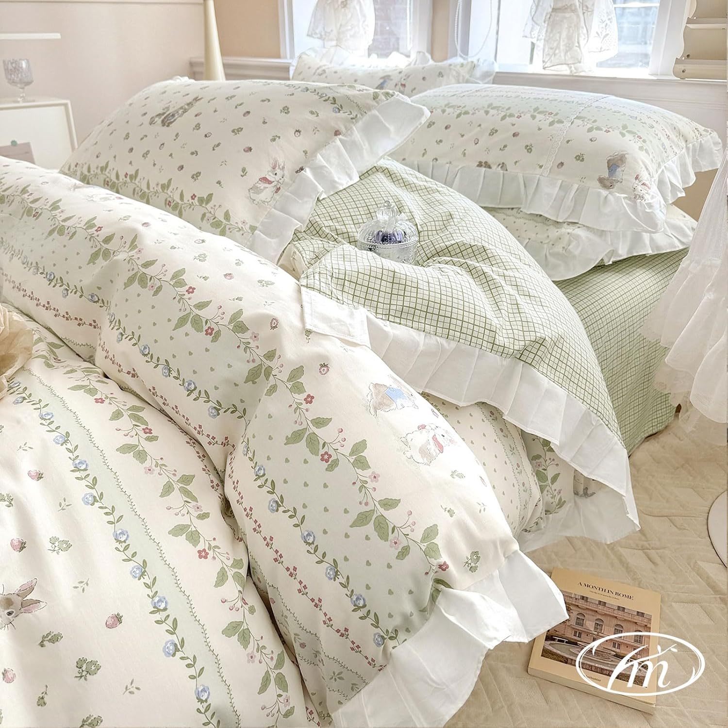 VM VOUGEMARKET Girls Flower Comforter Set with Cute Rabbit Design