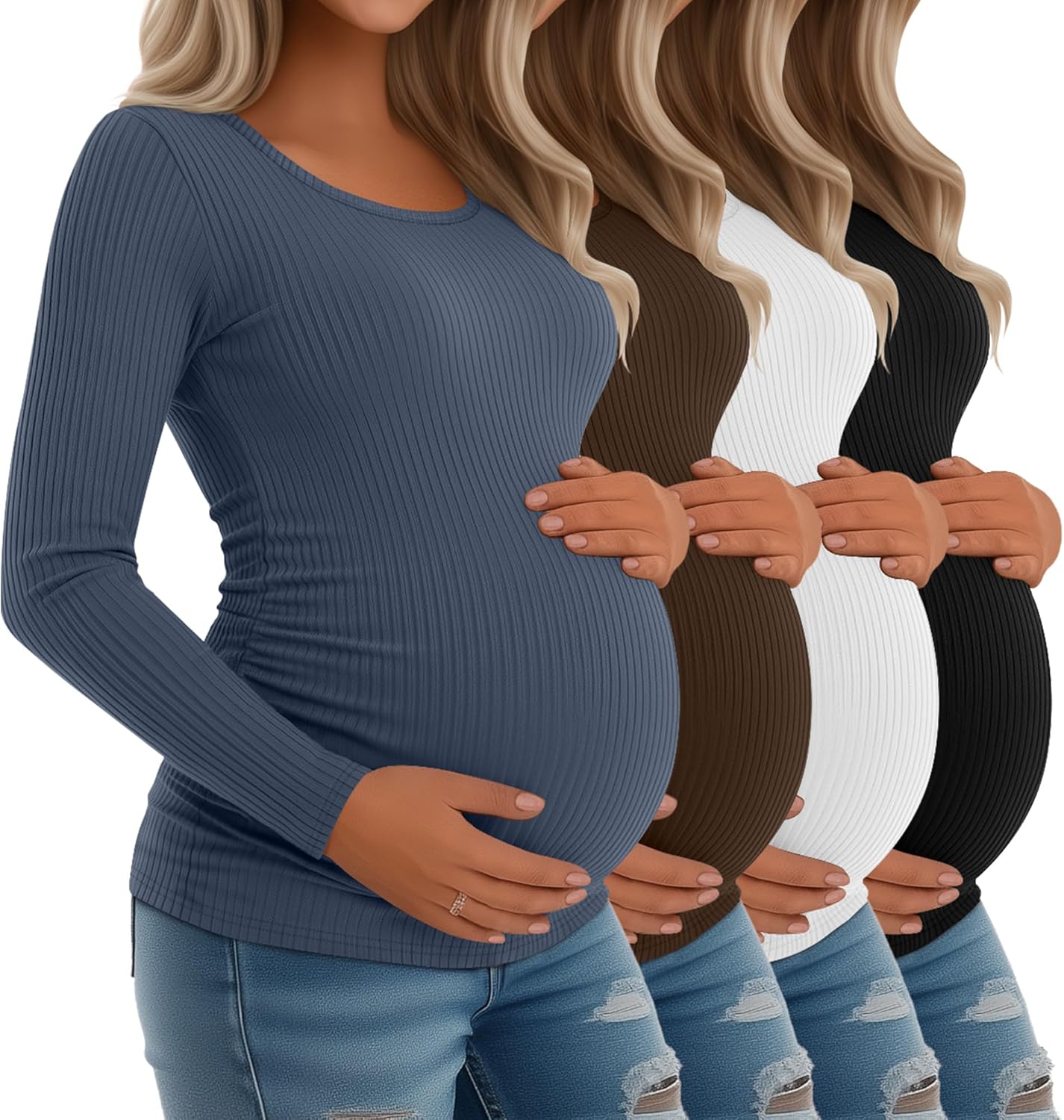 Riyiper Women's Maternity Shirts 4 Pack Long Sleeve Cotton Tees