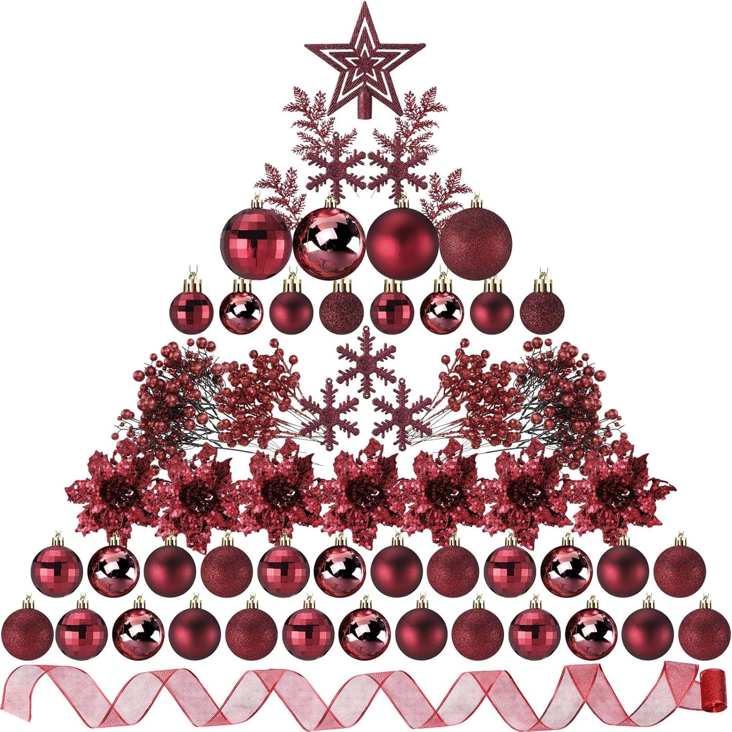 Burgundy Christmas Tree Decorations Set with 94 Pcs Ornaments