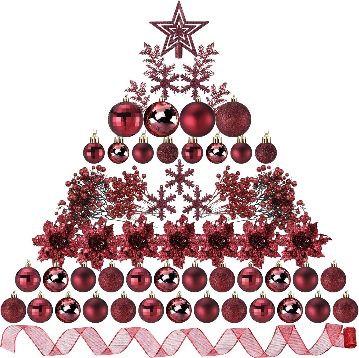 Burgundy Christmas Tree Decorations Set with 94 Pcs Ornaments