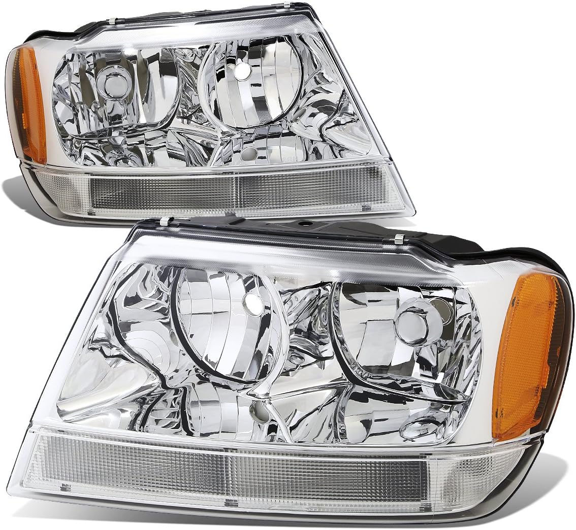 Chrome Amber Headlights Assembly for 99-04 Jeep Grand Cherokee