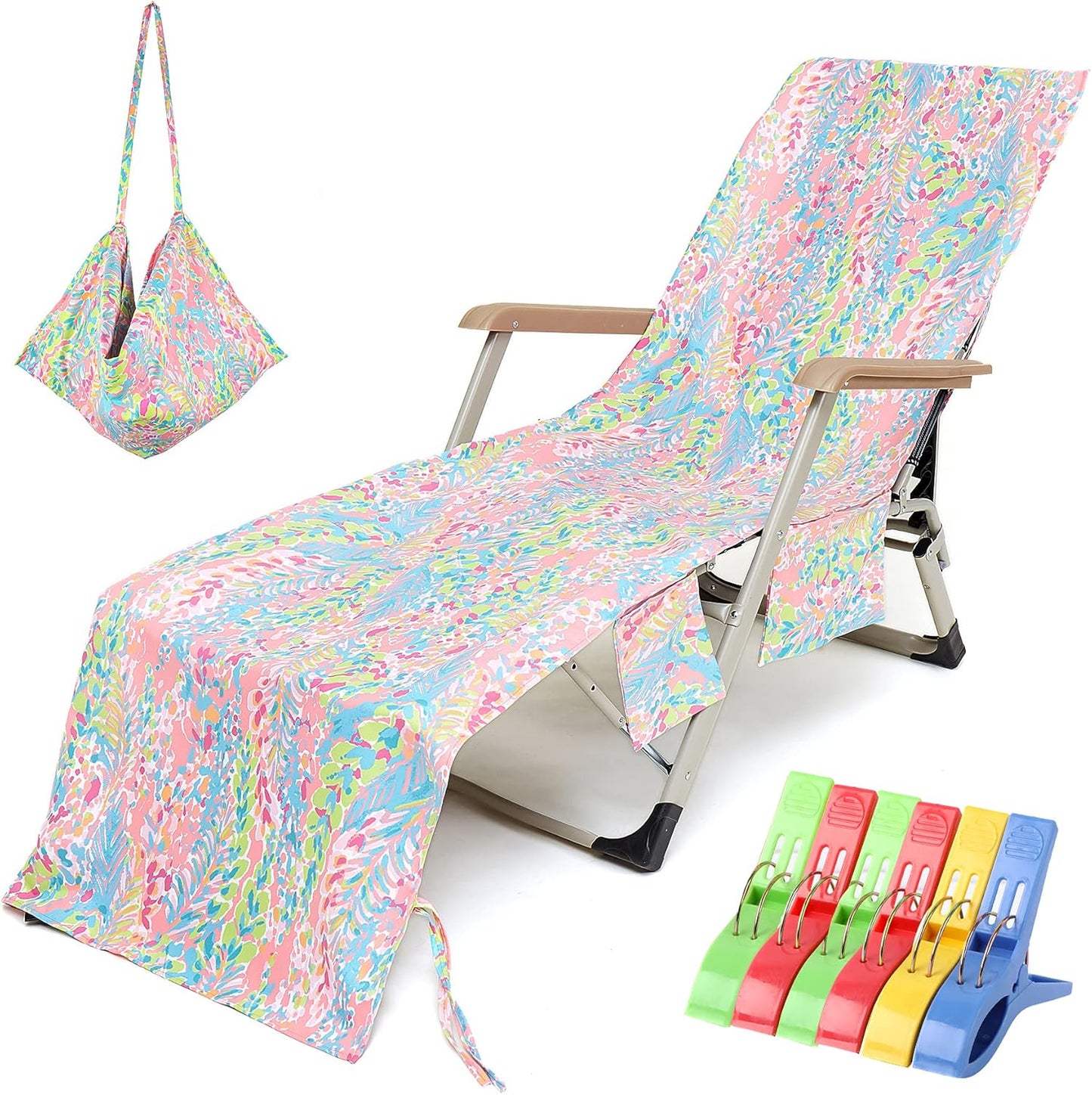 Pink Beach Chair Towel w/ Pockets & Clips - VOCOOL