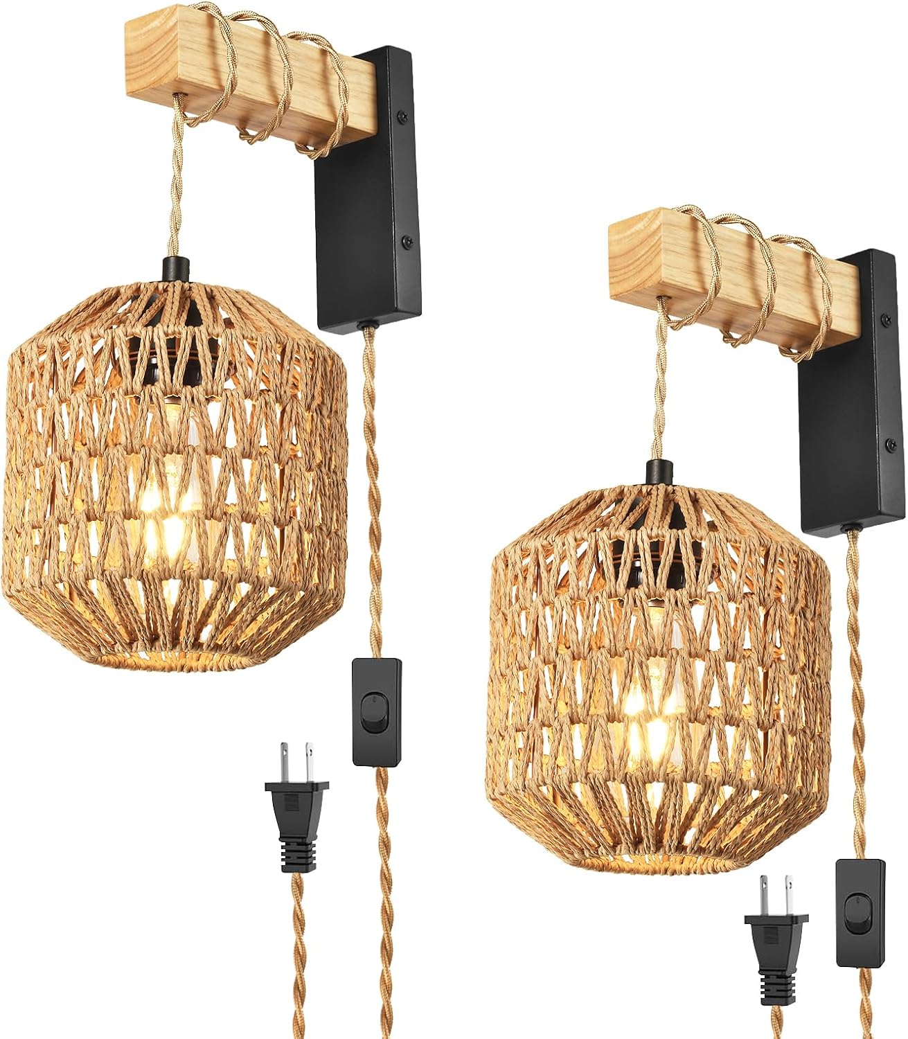 Rattan Plug in Wall Sconces Set of Two for Boho Chic Decor