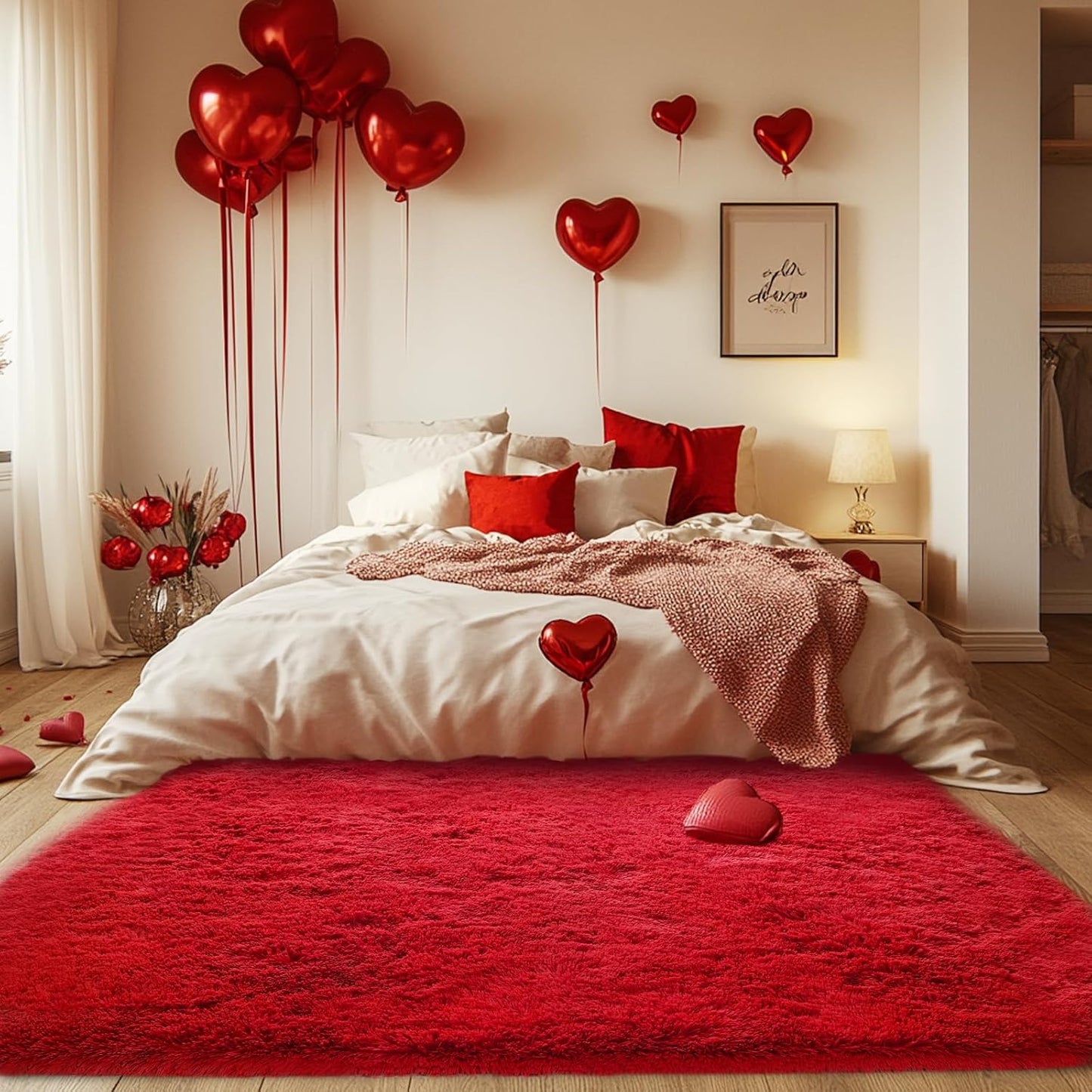 Red Fluffy Area Rug for Bedroom: Soft Plush Shaggy Carpet