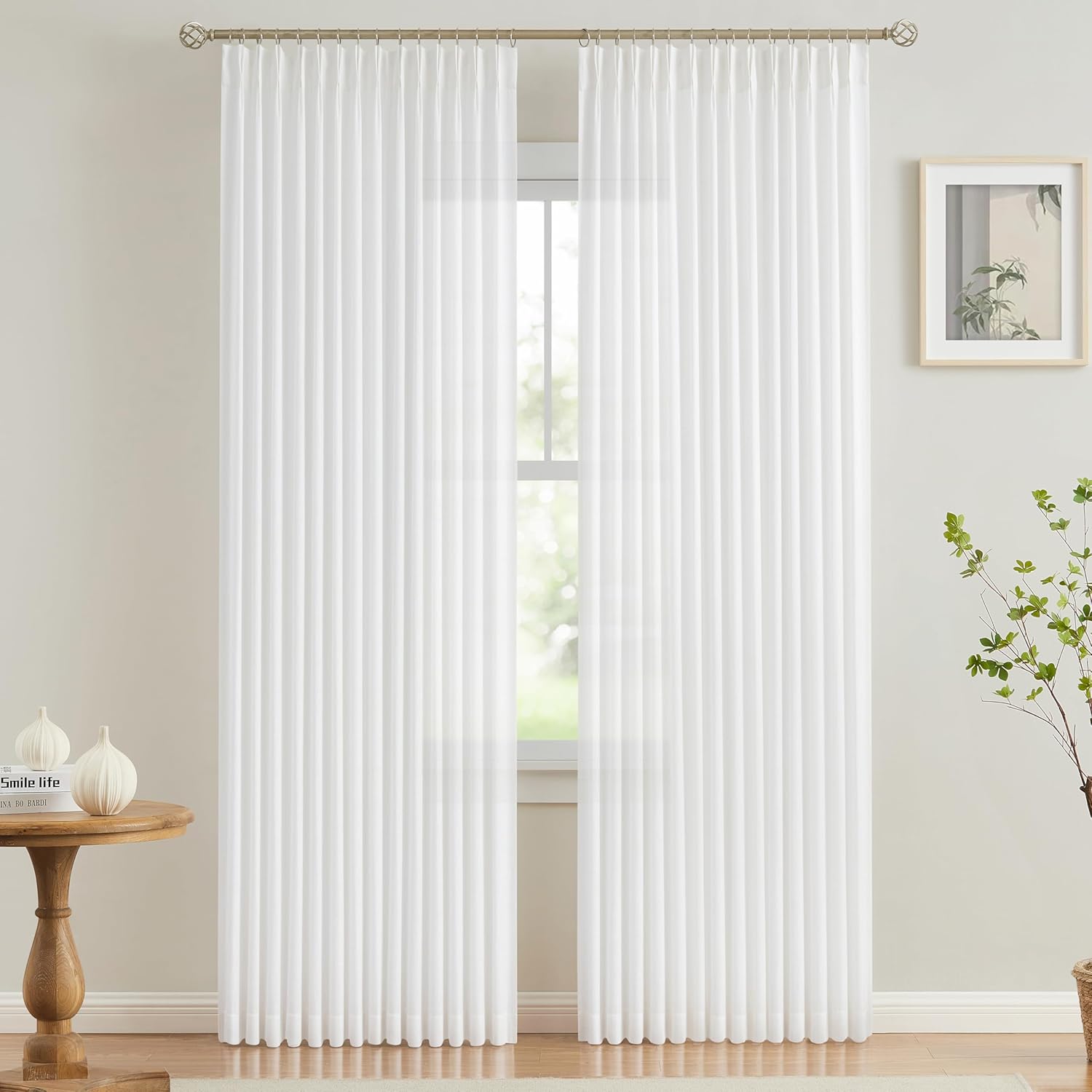 Vision Home White Pinch Pleated Semi Sheer Curtains for Windows