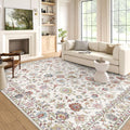 Washable Area Rug 5x7 - Ultra-Thin Cream Vintage Floral Rug