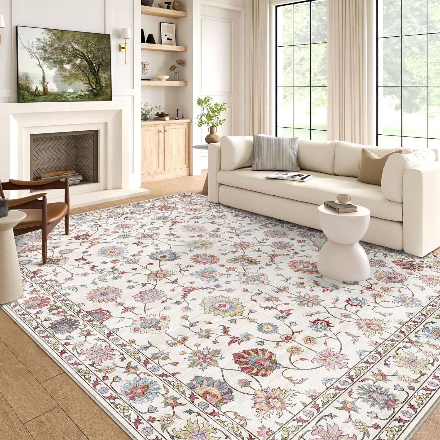 Washable Area Rug 5x7 - Vintage Floral Soft Indoor Carpet