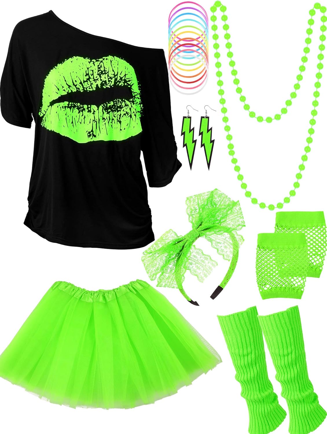80s Outfit Costume Accessories for Women Neon Green T Shirt