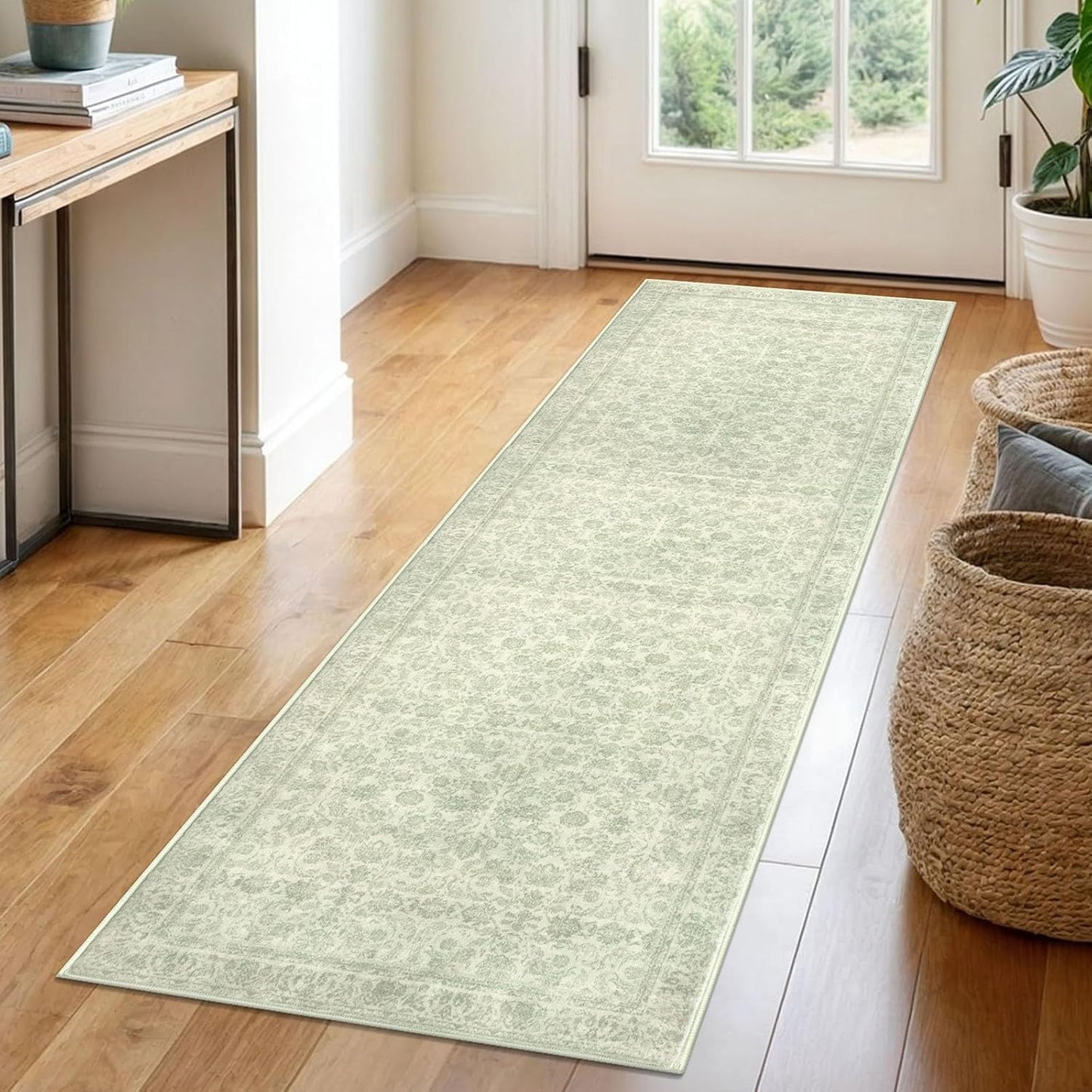 Sage Green Washable Runner Rug for Hallways and Entryways