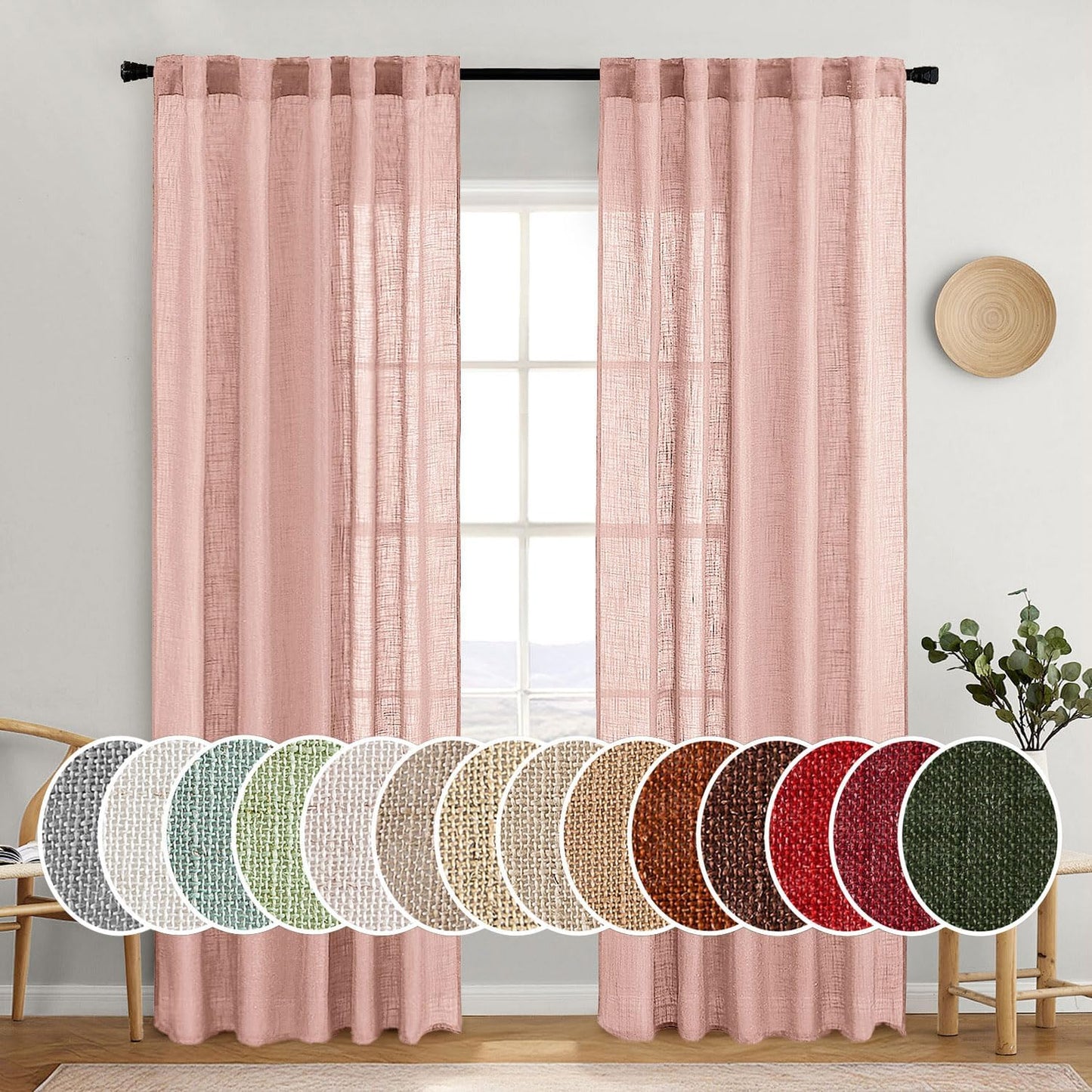 MIULEE Blush Pink Linen Curtains for Girls Bedroom Decor
