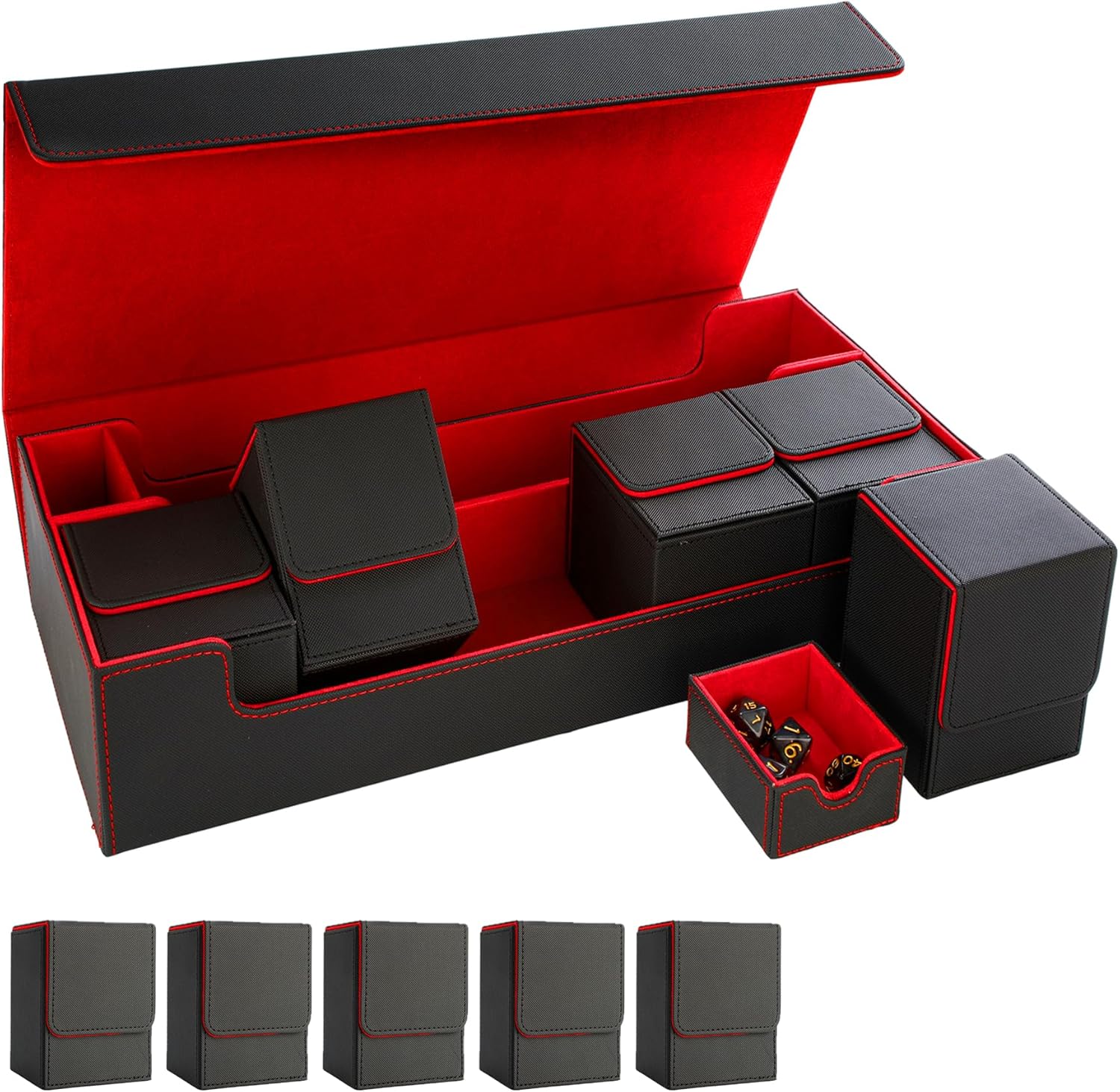 Tournament-Ready Card Case with 5 Deck Boxes and Dice Tray