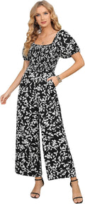 Women Floral Summer Jumpsuit - Loose Wide Leg Short Sleeve